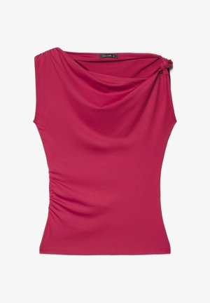 Haut asymétrique sans manches de couleur rose vif avec un col drapé et un détail noué sur une épaule, taille small.