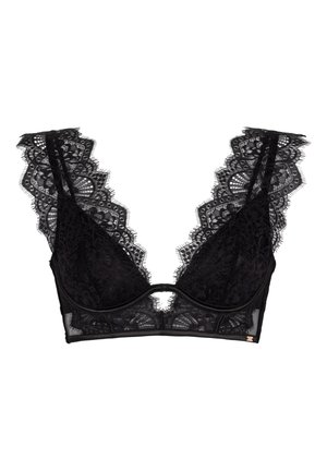 Schwarzer Spitzen-Bralette mit V-förmigem Ausschnitt, dekorativen gewellten Rändern, durchsichtigen Cups und einem kleinen Ausschnitt in der Mitte des Bands.