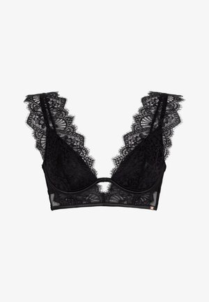 Black lace bralette with V-shaped neckline, decorative scalloped edges, sheer cups, and a small cutout detail at the center band.