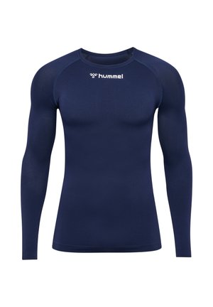 Marineblauw sportshirt met lange mouwen van rekbare stof, voorzien van een ronde hals en een Hummel-logo op de borst. Glad textuur en aansluitend ontwerp.