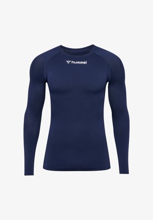 Marinefarbener Langarm-Athletikshirt aus elastischem Material, mit Rundhalsausschnitt und Hummel-Logo auf der Brust. Glatte Textur und figurbetontes Design.