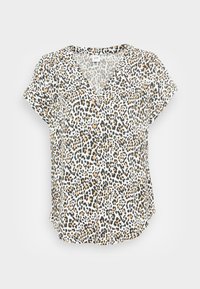 Blusa a maniche corte con scollo a V, caratterizzata da una base bianca con macchie di leopardo nere e arancioni. Tessuto leggero e strutturato con una vestibilità rilassata.