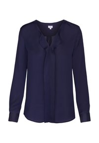 Laivastonsininen naisten pitkähiha pusero, jossa on V-aukko ja hienovarainen röyhelökoriste edessä.