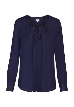 Blusa da donna a maniche lunghe di colore blu navy con scollo a V e un delicato dettaglio arricciato sul davanti.