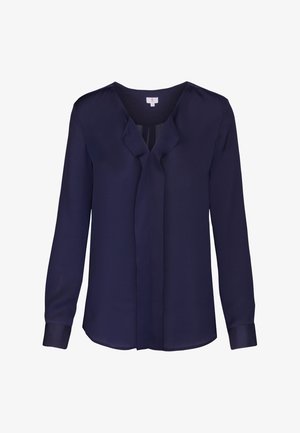 Blusa da donna a maniche lunghe di colore blu navy con scollo a V e un delicato dettaglio arricciato sul davanti.