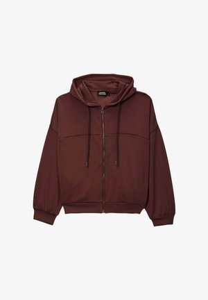 Sweat à capuche marron avec fermeture éclair, manches longues, capuche avec cordon de serrage, poignets et ourlet côtelés, présenté sur un fond blanc.