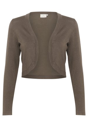 Cardigan scurt maro cu mâneci lungi, design cu deschidere în față și textură moale de tricot. Include o etichetă minimală la guler.