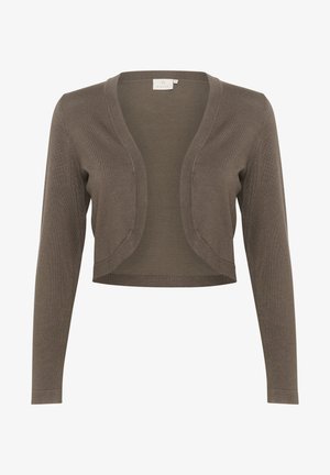 Ruskotettu ruskea kardigan, jossa on pitkät hihat, avonainen etuosa ja pehmeä neulepinta. Sisältää minimalistischin logon kaula-aukossa.