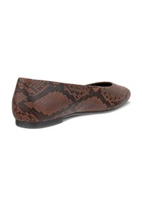 Brown snake-print flats with a smooth texture, rounded toe, and black sole. Simple design with no visible embellishments.