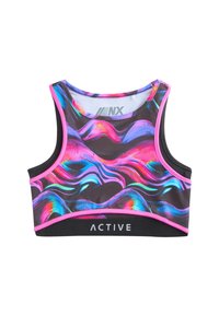 Sportski grudnjak s šarenim valovitim uzorkom u ružičastoj, plavoj i ljubičastoj na crnoj pozadini. Ima čvrstu crnu traku s natpisom "ACTIVE" u bijeloj boji.
