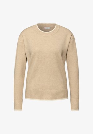 Maglione beige a girocollo con maniche lunghe, polsini e orlo a coste, realizzato in morbido tessuto a maglia, con una sottile texture e un'etichetta all'interno.