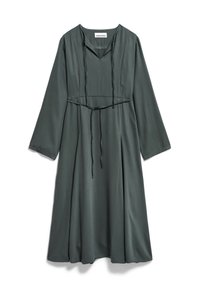 Vihreä, pitkähihainen mekko sileää kangasta, jossa on V-pääntie, kiristysnauhavyötärö ja pliseerattu hame, tarjoten rennon siluetin.