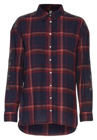Navy and red plaid button-up shirt with long sleeves, collar, and decorative detailing on shoulders. Made of textured fabric.