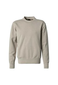 Sudadera gris claro con un cuello redondo acanalado, mangas largas y puños y dobladillo acanalados. Hecha de una tela suave con una textura lisa.