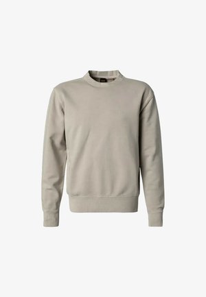 Lys grå sweatshirt med ribbet rund hals, lange ærmer og ribbede manchetter og kant. Lavet af blødt stof med en glat tekstur.