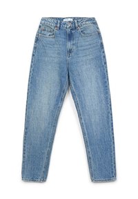 Jean en denim bleu clair avec taille haute, coupe droite, cinq poches et couture visible. Comprend une fermeture à bouton et à glissière.