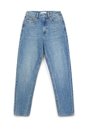 Jean en denim bleu clair avec taille haute, coupe droite, cinq poches et couture visible. Comprend une fermeture à bouton et à glissière.