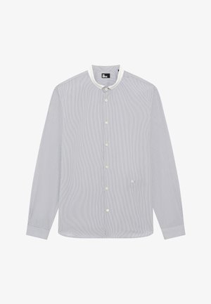 Camicia a righe blu chiaro e bianca, con colletto alla francese, maniche lunghe, dettaglio logo sottile e vestibilità standard.