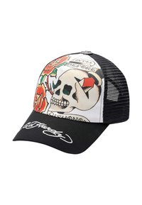 Sort og hvid mesh baseball cap med et farverigt kraniedesign, roser og røde diamanter, samt Ed Hardy-signaturen.