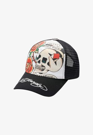 Zwart-witte mesh baseballcap met een kleurrijk doodskopontwerp, waaronder rozen en rode diamantaccenten, samen met de handtekening van Ed Hardy.