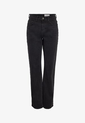 Black high-waist straight-leg jeans with front button and pockets, belt loops, and subtle fading on a white background.