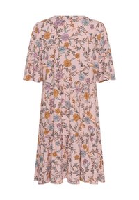 Blommig klänning i ljusrosa tyg med rund hals, korta ärmar, fyrkantig nederdel och flerfärgade blommönster.