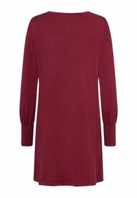 Pull-tunique bordeaux avec manches longues bouffantes, encolure ronde et tissu doux et texturé. Design simple avec une coupe ample et des coutures minimales.