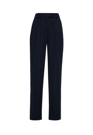 Navy blue trousers with a tailored fit, high waist, pleated front, and straight legs. Made from a smooth fabric with a slight sheen.