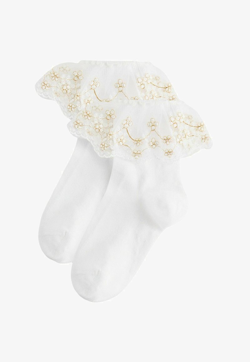 Witte sokken met een gerimpelde kanten bovenrand, voorzien van een bloemenpatroon in goud gestikt. Soepele textuur, enkel lengte ontwerp.