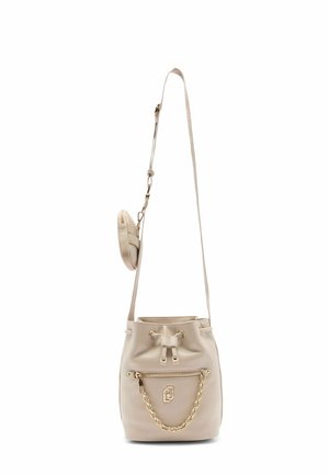 Beige faux leather bucket bag with drawstring closure, gold chain accent, front zip pocket, and detachable circular coin pouch.