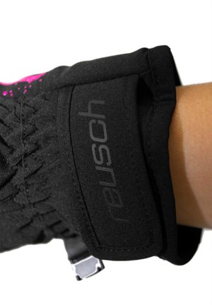 Black winter glove with a textured surface and pink accents. Features a prominent black strap with the brand name "reusch" visible.