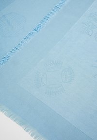 Tessuto blu con bordi frangiati, caratterizzato da motivi in rilievo, presenta una texture liscia e un colore uniforme, evidenziando motivi sottili.
