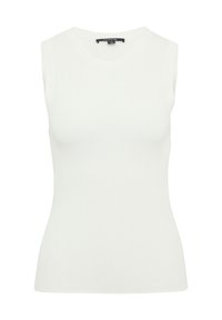 Prążkowany, biały top bez rękawów z okrągłym dekoltem, wykonany z elastycznego materiału, o dopasowanym kroju i subtelnej fakturze.
