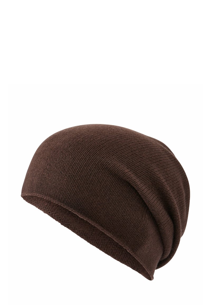 Beanie marrone in maglia con una texture morbida e una vestibilità comoda. Presenta un design a coste, forma morbida e un bordo non rifinito.