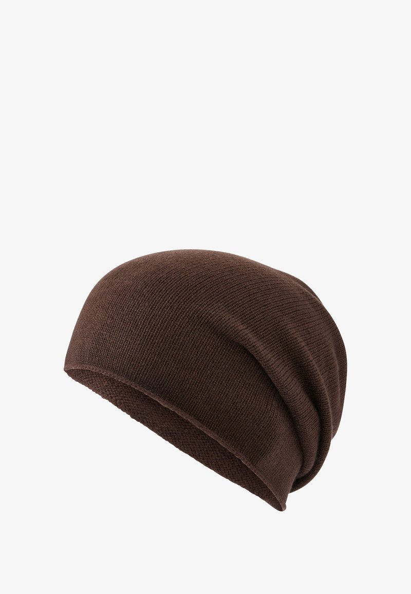 Beanie marrone in maglia con una texture morbida e una vestibilità comoda. Presenta un design a coste, forma morbida e un bordo non rifinito.