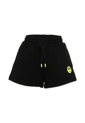Zwarte shorts met elastische taille en trekkoord, neongele uiteinden en een klein neongeel logo van een glimlachend gezicht op het linkerbeen.