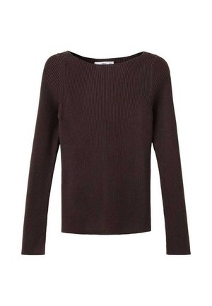 Pull en tricot côtelé marron foncé à manches longues avec un col rond, une coupe ajustée et un motif tricoté lisse et texturé.