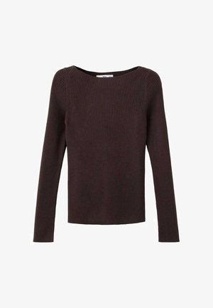Pull en tricot côtelé marron foncé à manches longues avec un col rond, une coupe ajustée et un motif tricoté lisse et texturé.