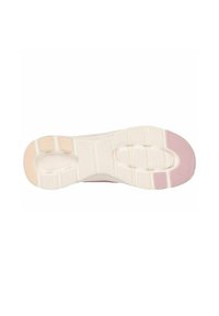 Suela de zapato con una base blanca texturizada, acentos en melocotón claro y detalles en rosa. Presenta surcos para tracción y elementos de amortiguación.