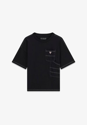 Tricou negru cu mâneci scurte și decolteu rotund, prevăzut cu un buzunar frontal și detalii contrastante de cusături albe. Logo-ul brandului pe buzunar.