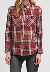 Camicia a quadri rossi e bianchi, con colletto a polo, due tasche sul petto e bottoni neri; maniche lunghe con polsini abbottonati.