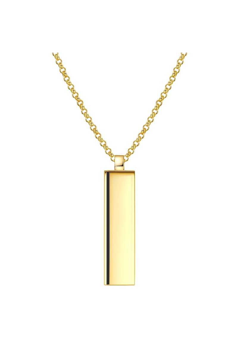 Goldfarbene Anhänger-Halskette mit einem rechteckigen, polierten Design und einer dünnen Kette. Die Oberfläche ist glatt mit einem reflektierenden Finish.