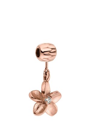 Rose gold flower-shaped charm with five textured petals and a small clear gemstone in the center, attached to a cylindrical bead.