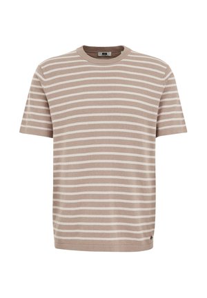 Csíkos, rövid ujjú póló puha bézs és fehér pamutból. Kerek nyakkivágása és egyenes szegélye van, oldalán egy kis márkás logóval.