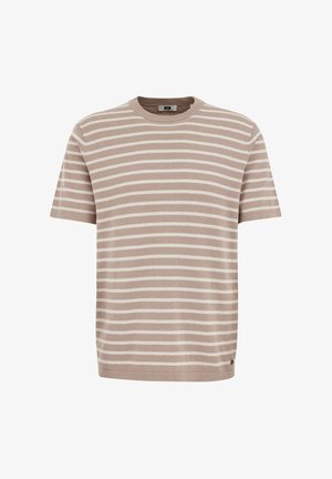 Triibuline lühikeste varrukatega T-särk pehmes beežis ja valges puuvillas. Omab ümarat kaelust ja sirget allserva, millel on küljel väike brändi logo.