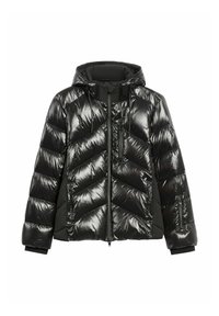 Czarna puchowa kurtka o błyszczącej, pikowanej fakturze, z zamkiem z przodu i kapturem. Posiada skośne przeszycia i dwie boczne kieszenie na zamek.