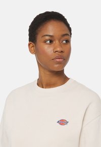 Felpa beige chiaro con colletto rotondo, caratterizzata da un logo ricamato circolare in rosso, blu e giallo sul petto. Tessuto morbido.