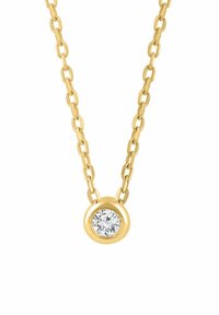 Zlatý náhrdelník s okrúhlym príveskom, ktorý obsahuje priezračný kameň pripomínajúci diamant, hladký povrch a rovnomerne rozostavené články.