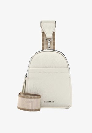 Borsa a tracolla bianca in ecopelle con chiusura a zip, superficie texturizzata e tracolla beige con motivo. Presenta il marchio sulla parte anteriore.