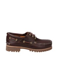 Braune Lederbootsschuhe mit abgerundeter Zehe, geschichteter Sohle und kontrastierenden Nähten; verfügen über Metallösen und einen gepolsterten Kragen.